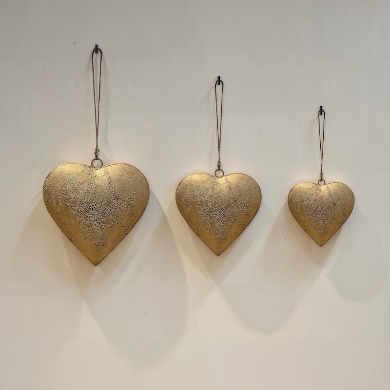 Myri Decorative Metal Heart Wall Decor Set of 3, Antique Gold Iron with Jute Hanging Rope, 12, 9.5, 7 Inches