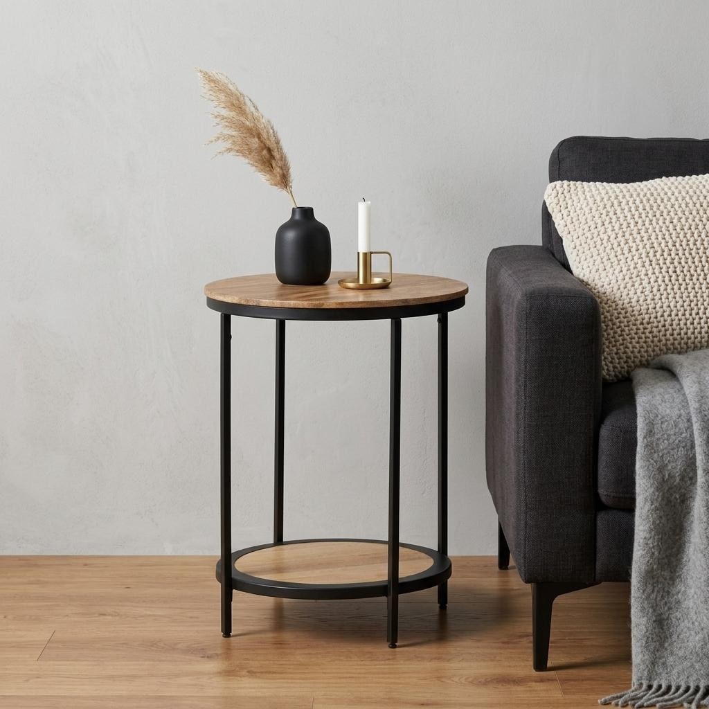 HomeRoots 24" Natural Natural and Black Solid Wood and Iron Round End Table With Shelf - 18.00 in. x 24.00 in. x 18.00 in.