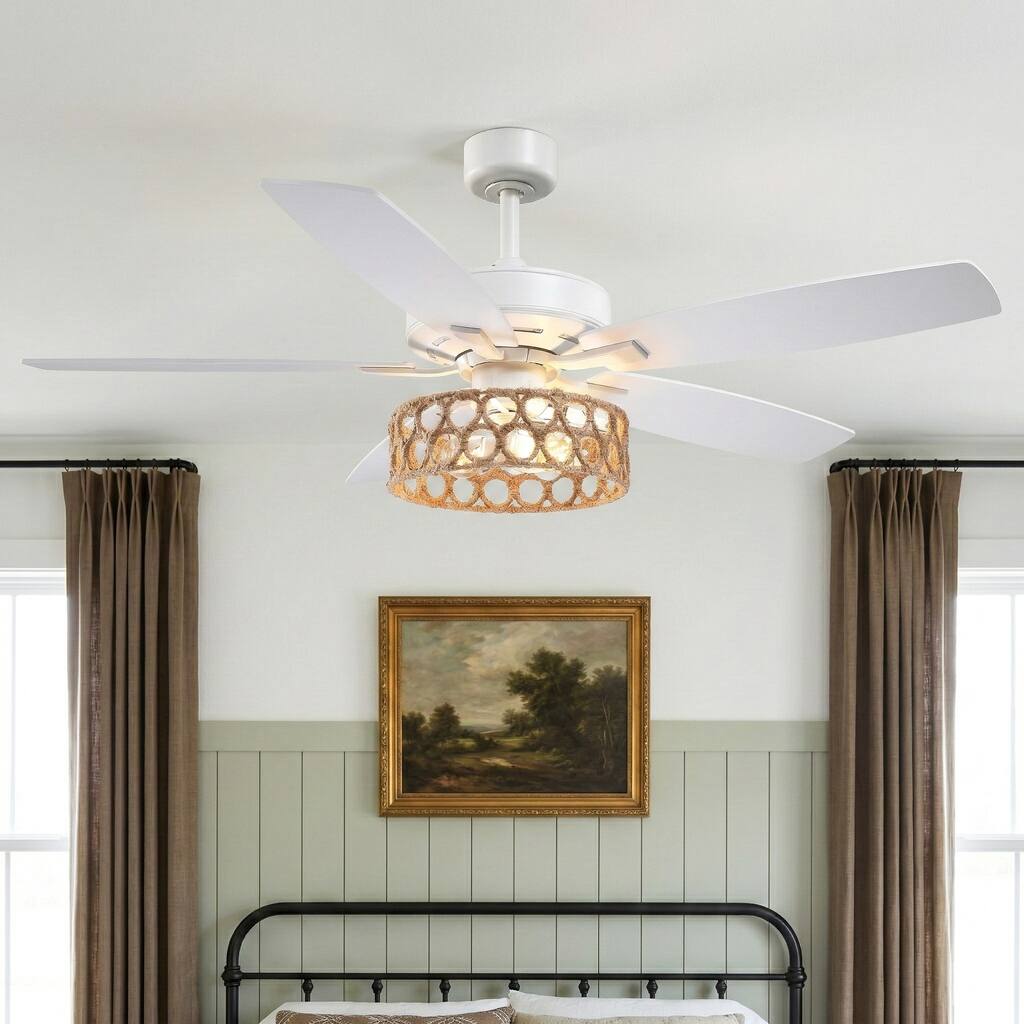 52" Farmhouse White Natural Jute Bedroom Ceiling Fan Chandelier with Remote