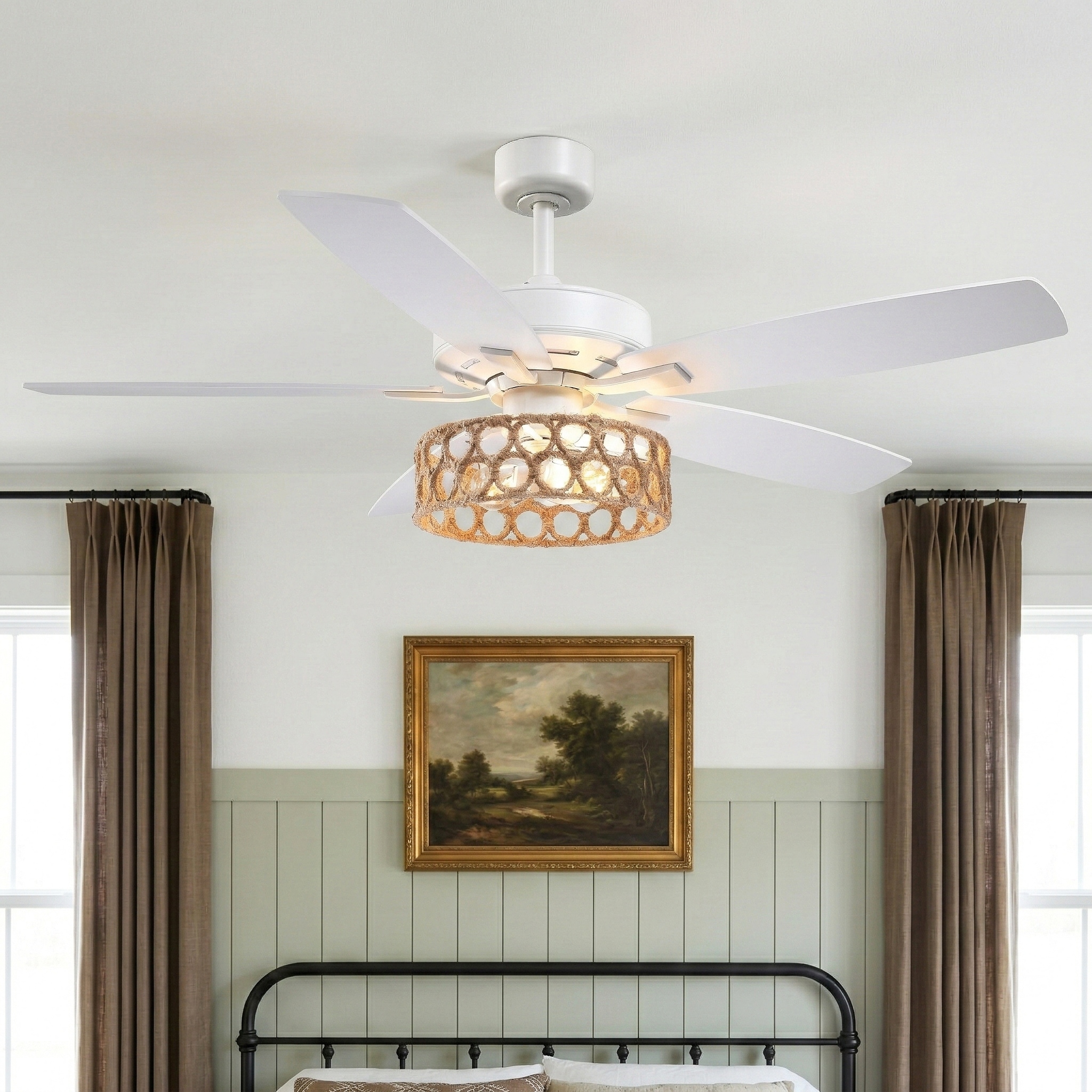52-Inch White Natural Jute Coastal Farmhouse Remote Control Ceiling Fan Chandelier with Light