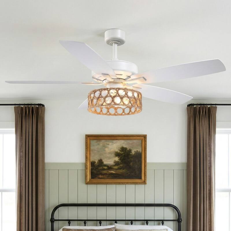 52" Farmhouse White Natural Jute Bedroom Ceiling Fan Chandelier with Remote