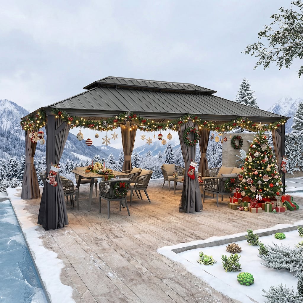 PURPLE LEAF Outdoor Galvanized Steel Hardtop Gazebo, Aluminum Frame Gazebo With Curtains