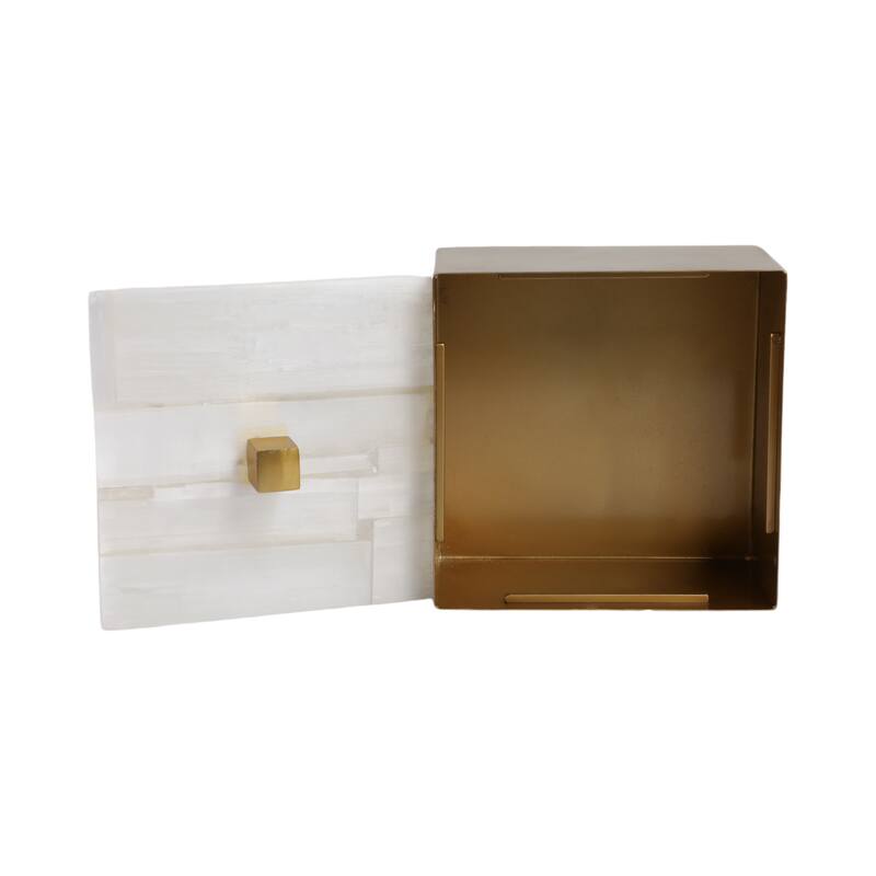 Decorative Box with Stone Lid - 6", White & Gold - 6.25"