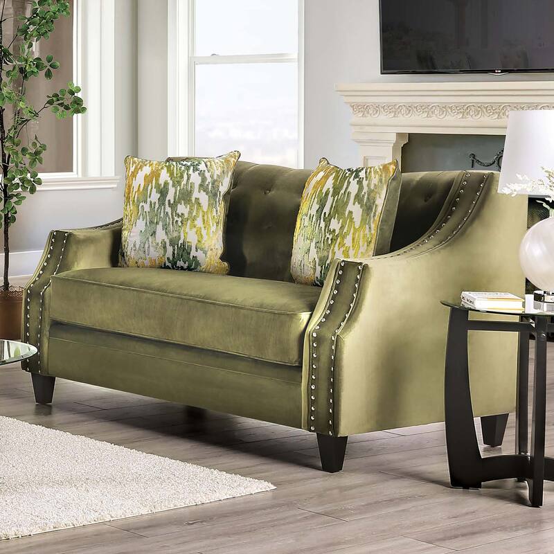 Olie Transitional Green Solid Wood Padded Loveseat by Furniture of America - Green