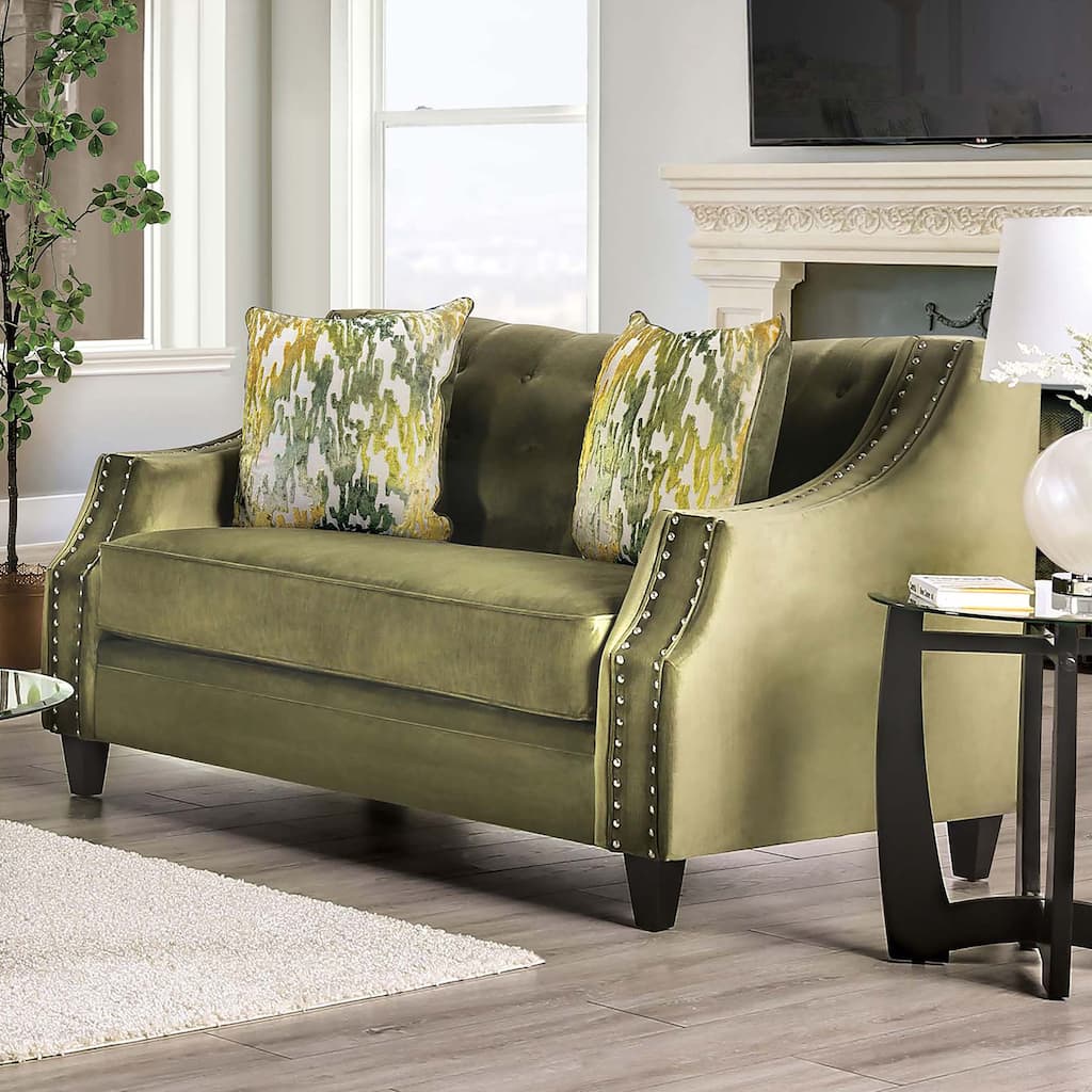 Olie Transitional Green Solid Wood Padded Loveseat by Furniture of America
