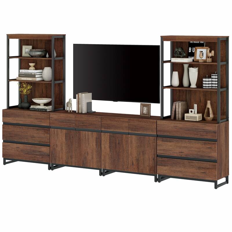 WAMPAT Modern Entertainment Center with 3 Tiers Bookshelf, Farmhouse TV Stand with 2 Storage Cabinets and 6 Drawers