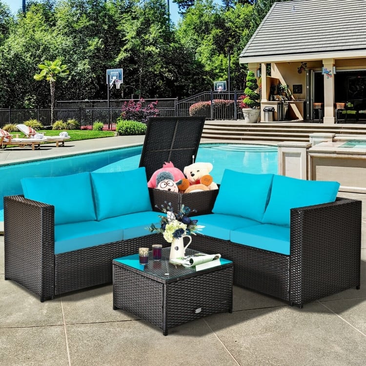 4 Pieces Outdoor Patio Rattan Furniture Set with Cushioned Loveseat and Storage Box - 47.5" x 26" x 26" (L x W x H)