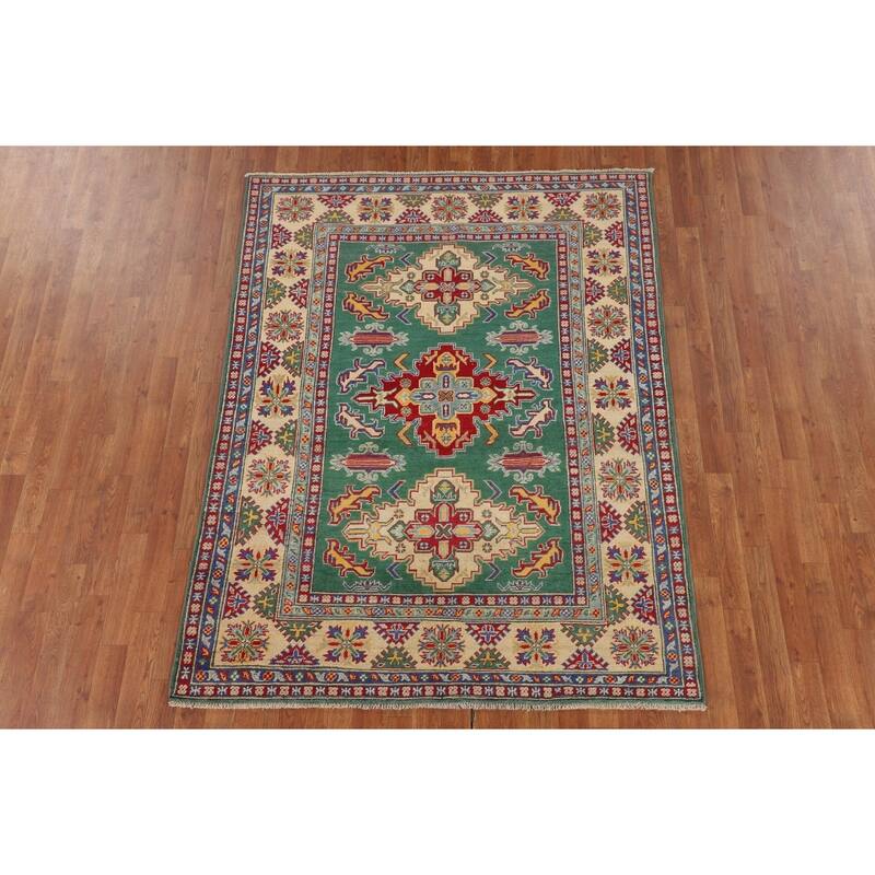 Green Geometric Kazak Oriental Area Rug Handmade Bedroom Wool Carpet - 5'0" x 6'7"