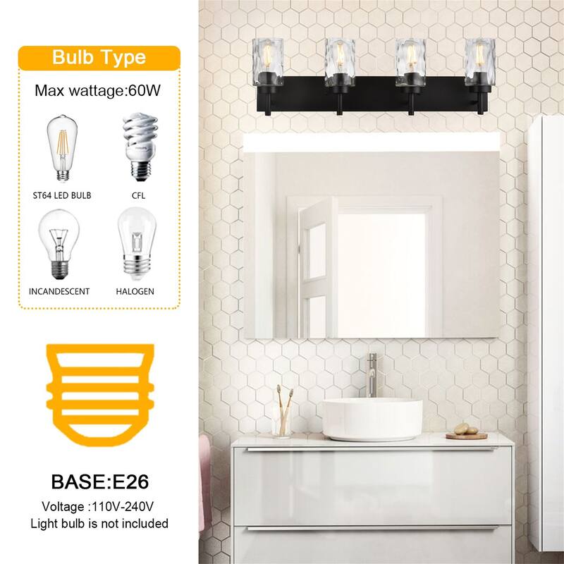 4-Light Black Vanity Light with Hammered Glass