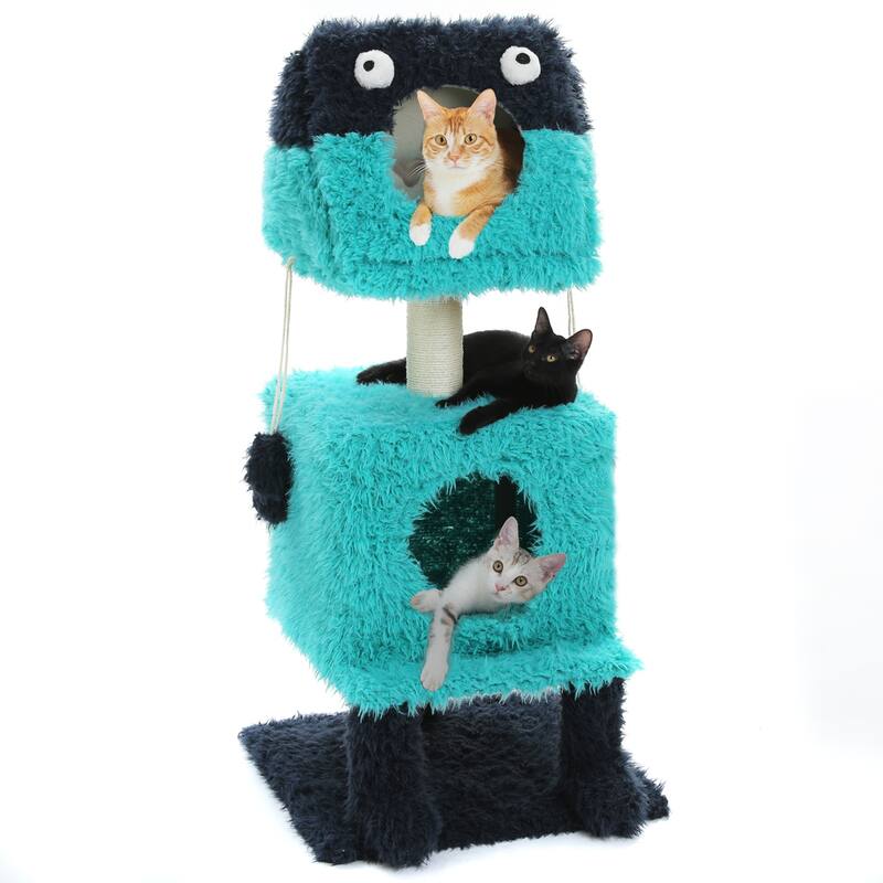 Indoor cat tower with cat condo and sisal scratching post - Blue