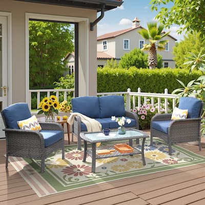 HOOOWOOO 4-piece Wicker Outdoor Conversation Sofa Set with Glass Coffee Table