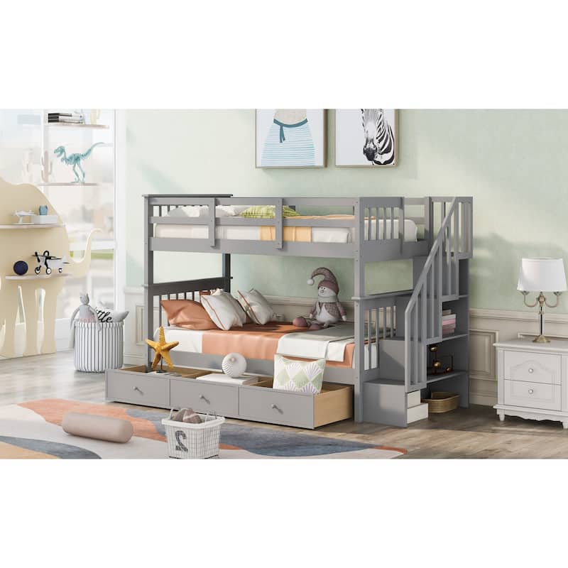 Twin-Over-Twin Bunk Bed with Drawers and Storage Stairs, Gray