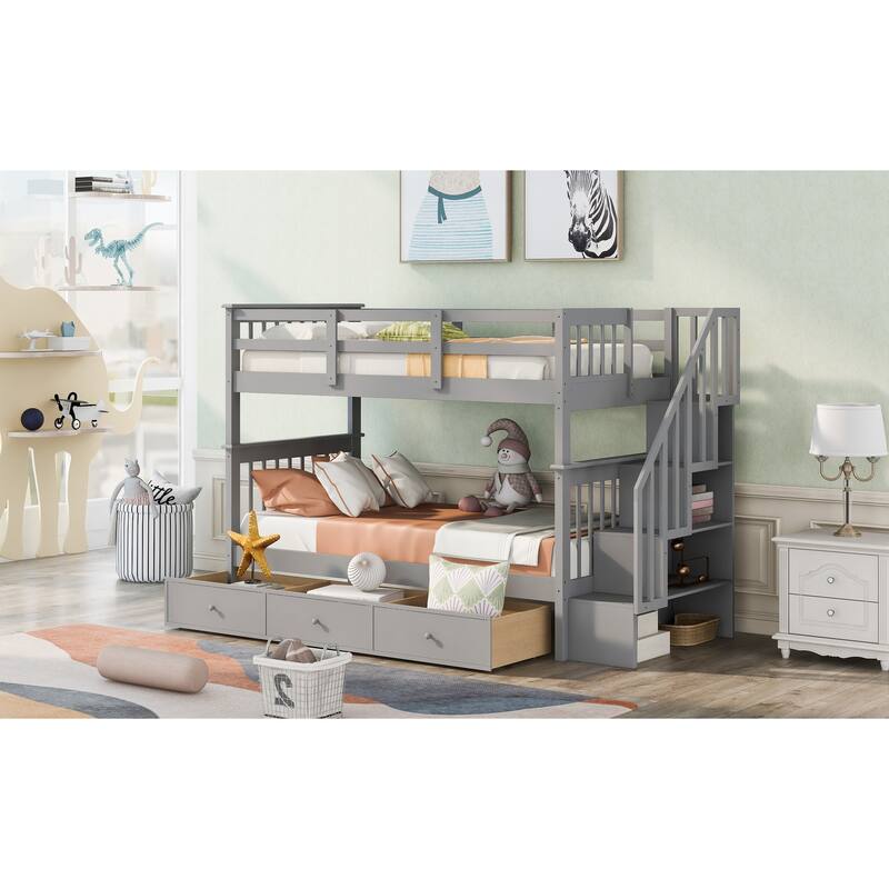 Twin Over Twin Bunk Bed with Stairs and Three Drawers, Wood Frame for Kids' Bedroom