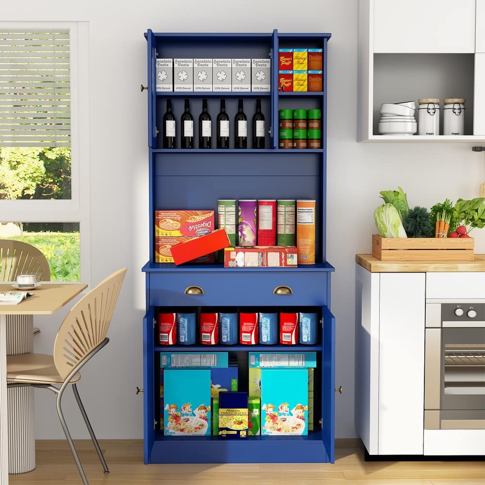 EROMMY Modern Kitchen Pantry Cabinet with Adjustable Shelves, Open Display, Wire Port and Spacious Storage