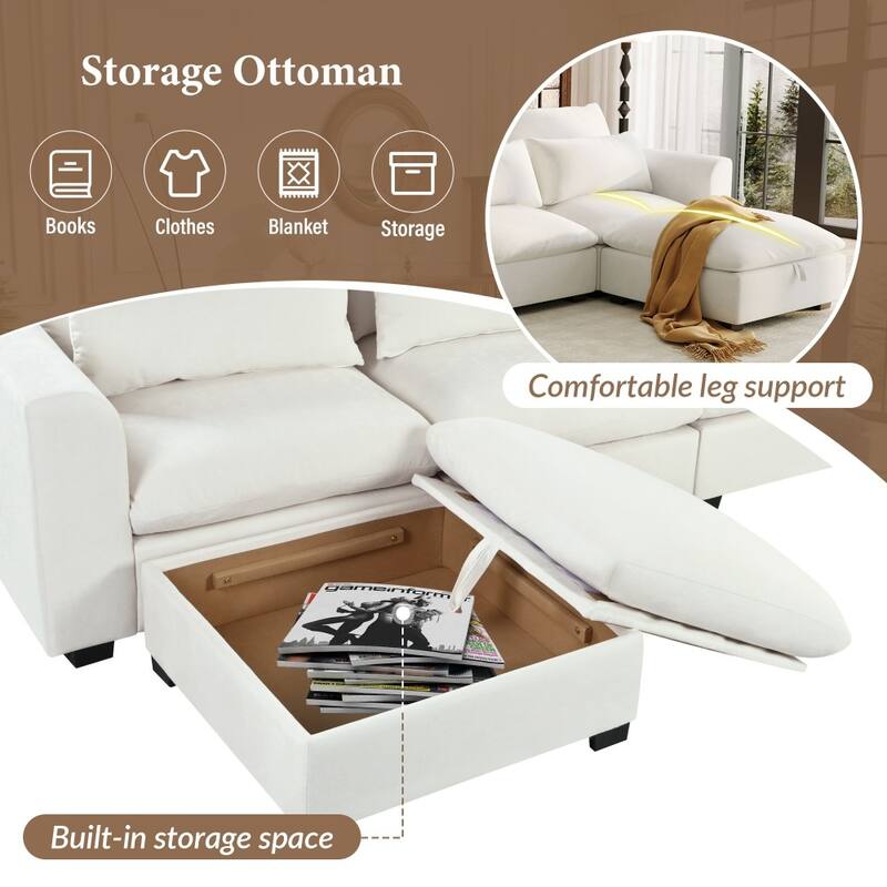 Modern U-shaped Modular Linen Blend Sectional Sofa with 2 Storage Ottomans and 4 lumbar pillows