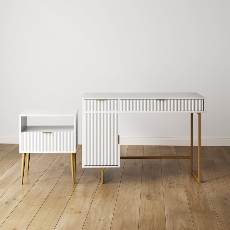 Jacklyn White Modern Computer Desk, Workstation or Writing Desk for Small Spaces with Drawers and Cabinet Storage