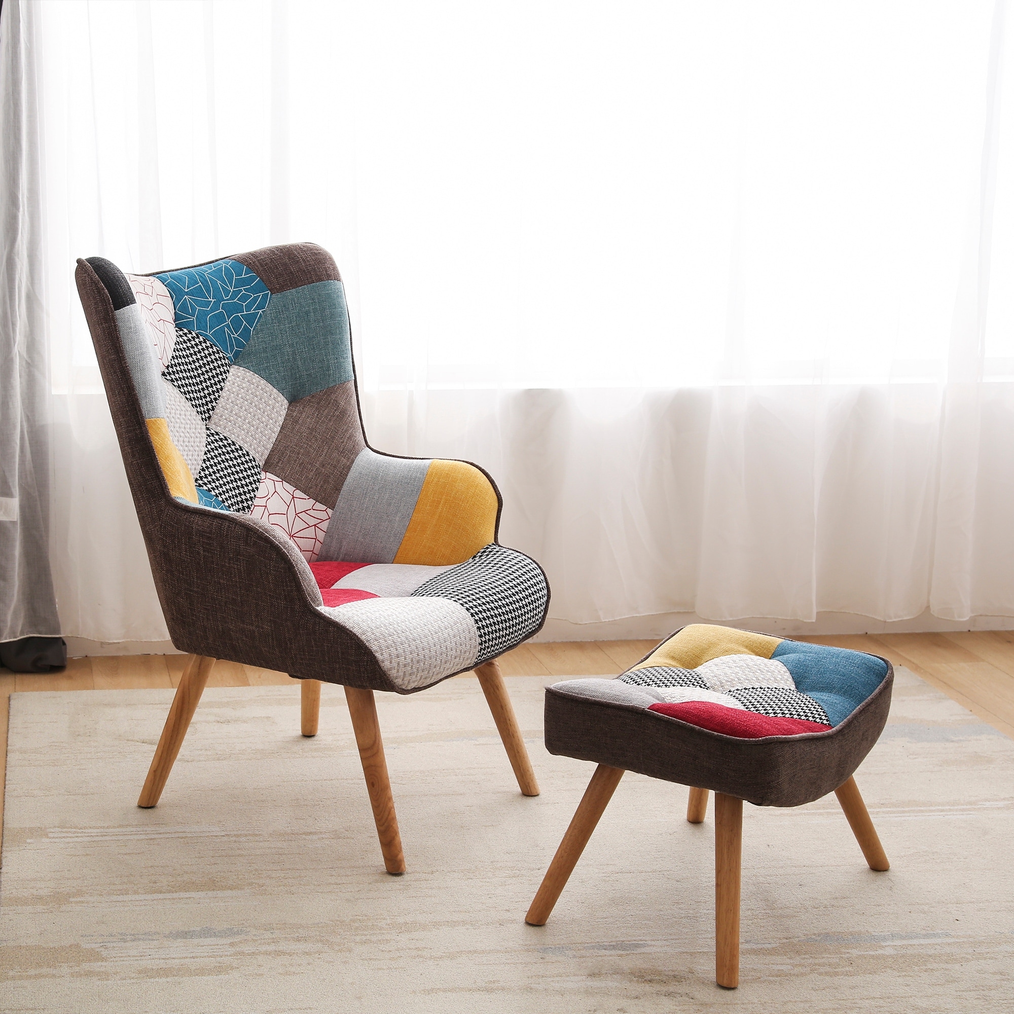 Chair and Ottoman Set,Accent Arm Chair with Footrest for Living Room,Upholstered Fabric Side Chair,Colorful