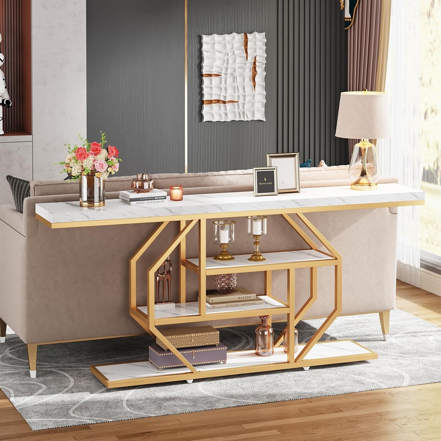 70.9" Modern Extra Long Faux Marble Console Table with 4-Tier Storage for Living Room, Hallway, Entrance
