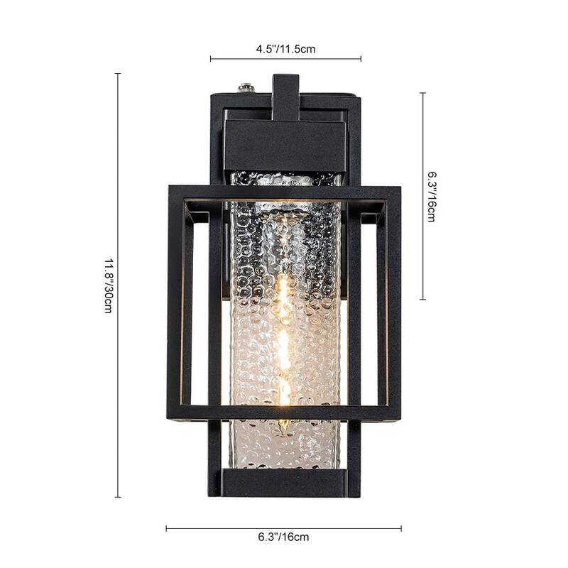 Modern Black 1-Light Hammered Glass Lantern Outdoor Wall Sconce