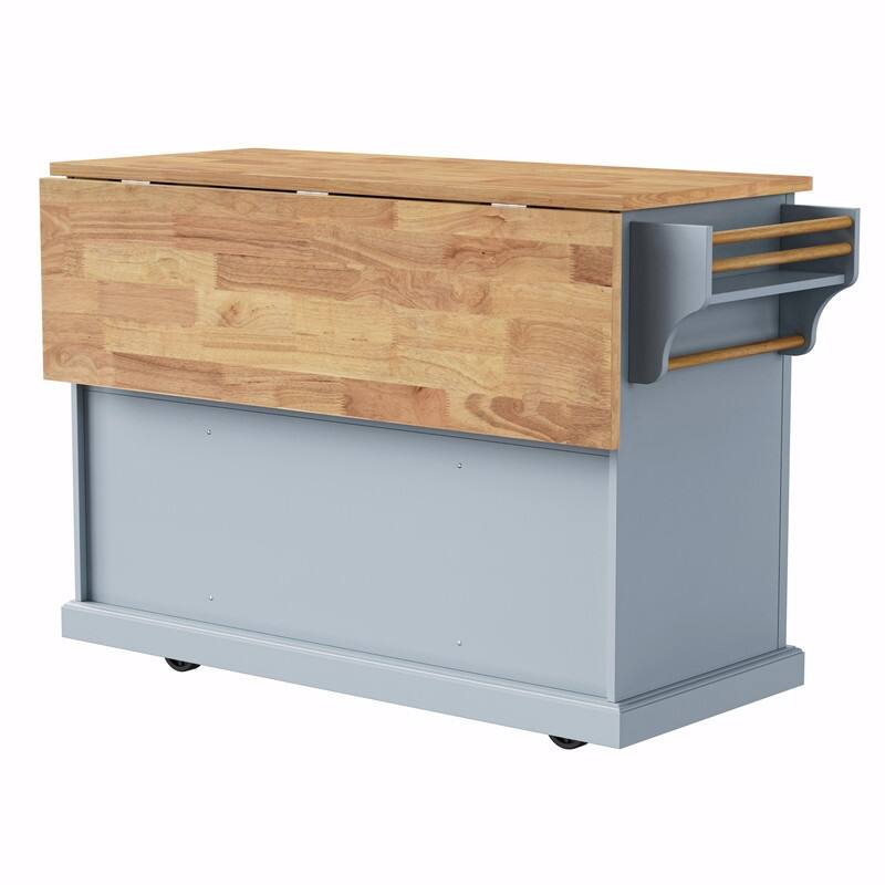 54" Rolling Kitchen Island Cart with Rubberwood Drop Leaf, 4 Doors & 3 Drawers