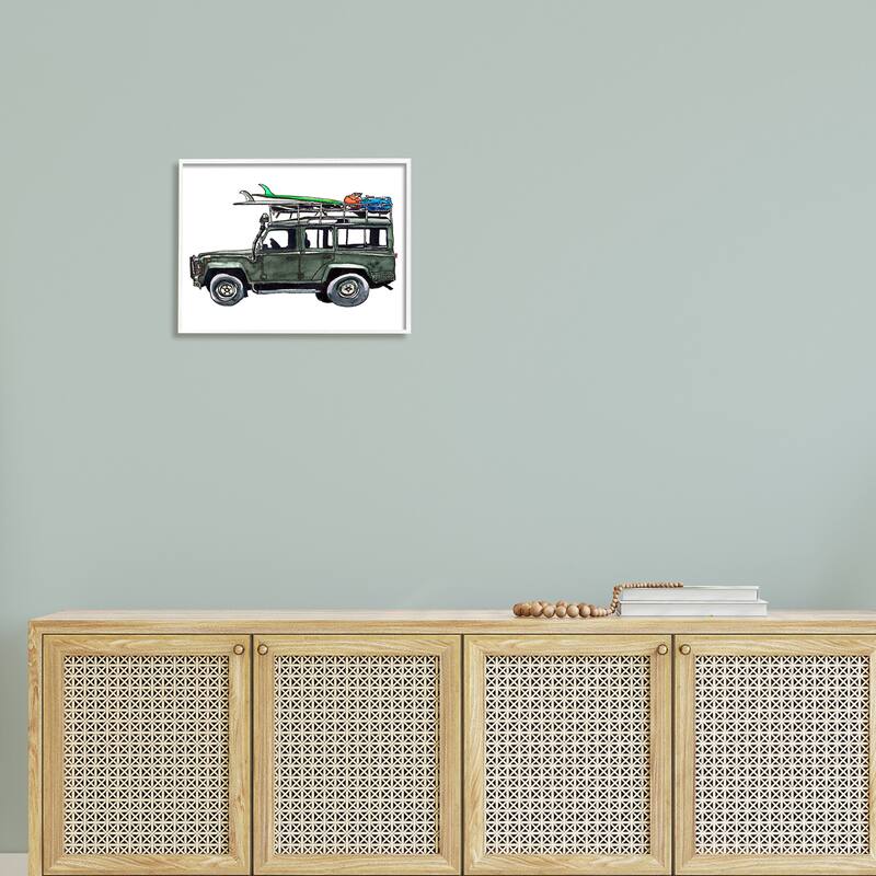 Stupell Tropical Vacation Beach Car Roof Rack Surfboards Framed Wall Art - Grey