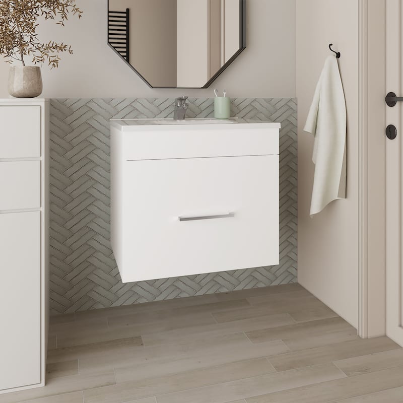White Bathroom Vanity with 1 Drawer - 23.2" Wide Engineered Wood Storage for Small Spaces - White