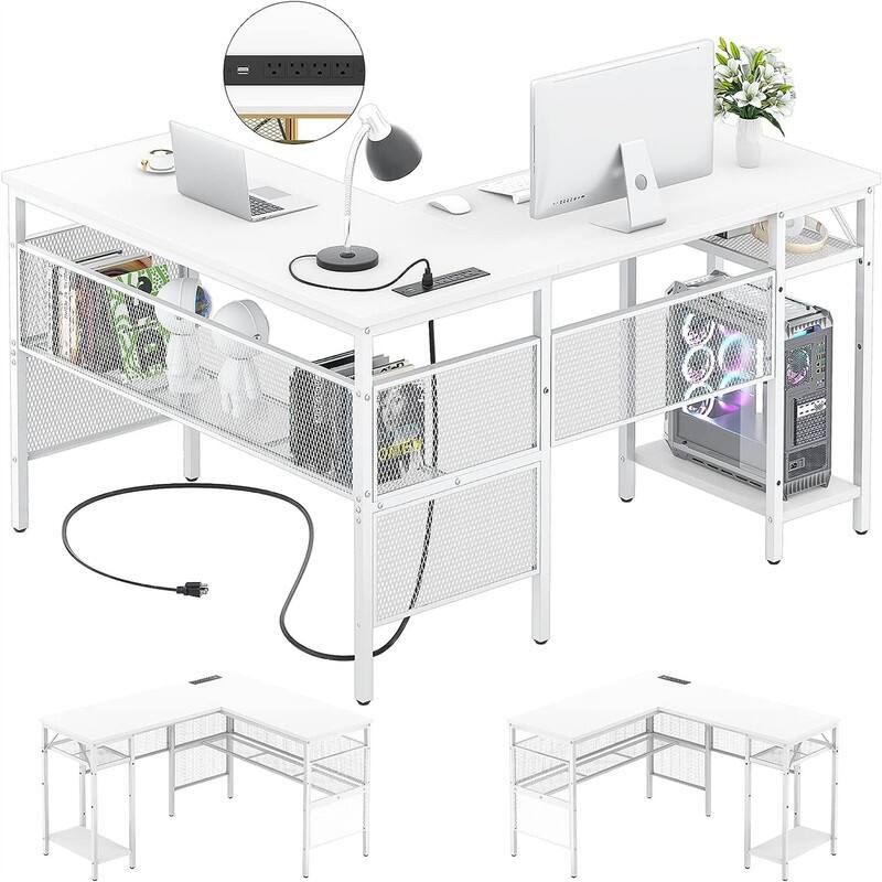 L Shaped Desk with USB Charging Port and Power Outlet - Pure White