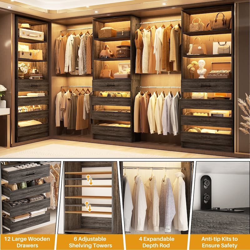 140'' Walk-in Closet Organizer System with 12 Drawers ＆ 4 Hanging Rods, 8.5-11.5FT Wooden Wardrobe Clothes Rack with 3 Towers