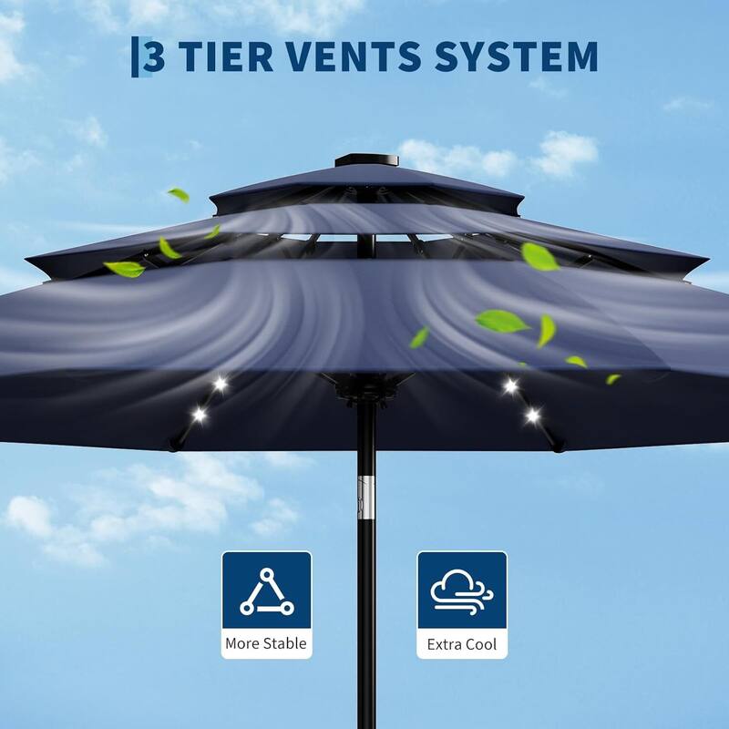3-Tier 10Ft Patio Umbrella, Easy Crank and Push Button Tilt for Pool, Deck, Yard, Garden with LED Lights (No Base)