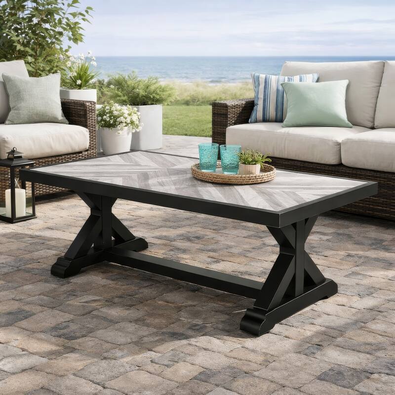 Tira 48 Inch Outdoor Coffee Table, Tile Top, Black, Light Gray Finish