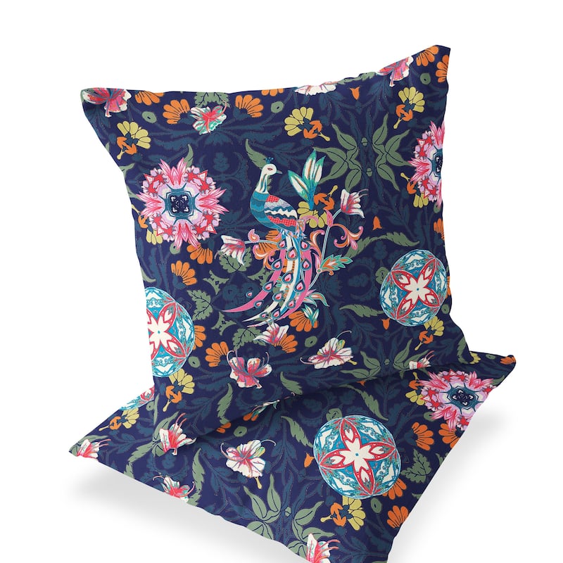 HomeRoots Set of Two 16" X 16" Blue and Pink Peacock Blown Seam Floral Indoor Outdoor Throw Pillow - 16.00' X '16.00' X '5.00