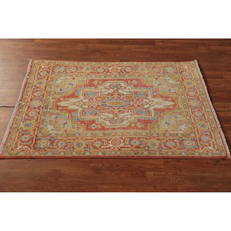 Vegetable Dye Heriz Serapi Rug Hand-Knotted Orange Wool Carpet - 2'10"x 4'0"