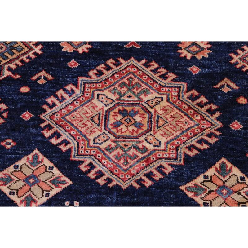 Caucasian Super Kazak Calliope Blue/Gold Hand Knotted Wool Rug - 4'1'' x 5'9''