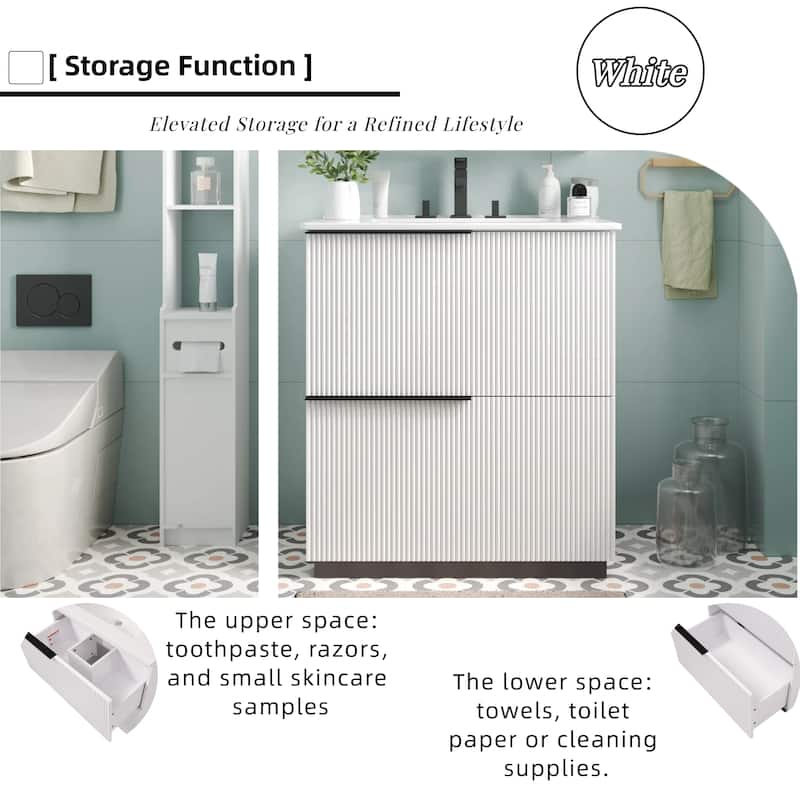 30" Bathroom Vanity with Ceramic Sink, Full-Extension Drawers, Soft-Close Undermount Slides, Fluted Design