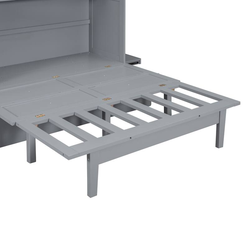 Pine Wood Murphy Bed Frame Built-in Desk Charging Station Bed Chest