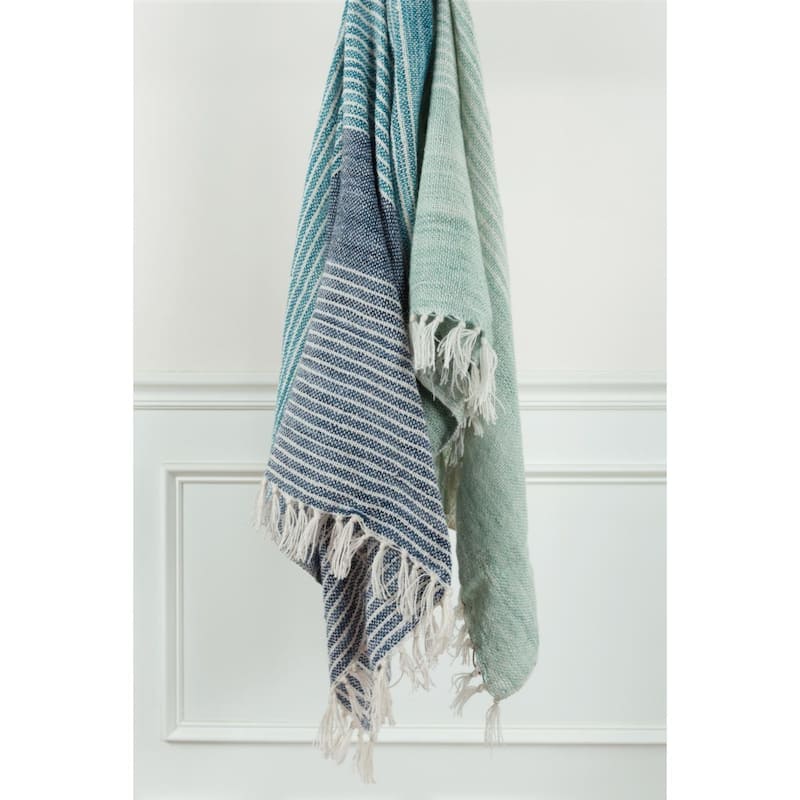 HomeRoots 50" X 60" Aqua Blue Teal And Ivory Recycled PET Woven Stripe Throw Blanket with Tassels