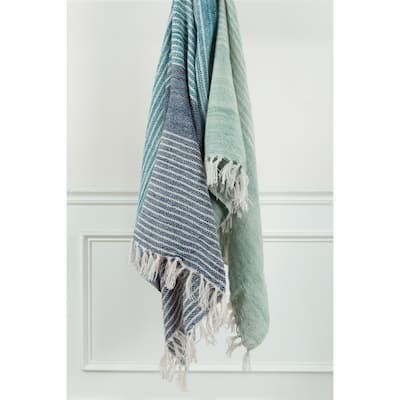 HomeRoots 50" X 60" Aqua Blue Teal And Ivory Recycled PET Woven Stripe Throw Blanket with Tassels