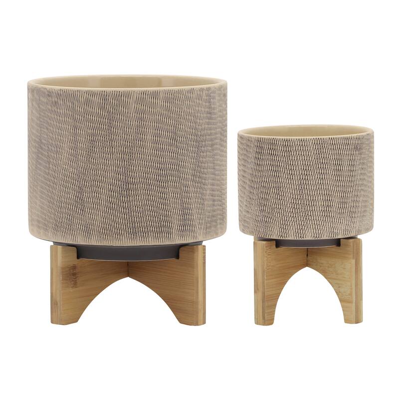 Sagebrook Home Modern Neutral Tan Ceramic Planter with Mesh Design on Stand