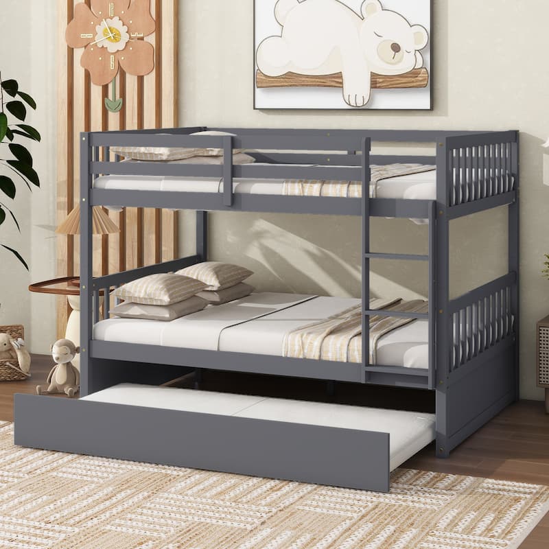 Convertible Full Over Full Rubber Wood Bunk Bed with Trundle, Ladder and Guardrails