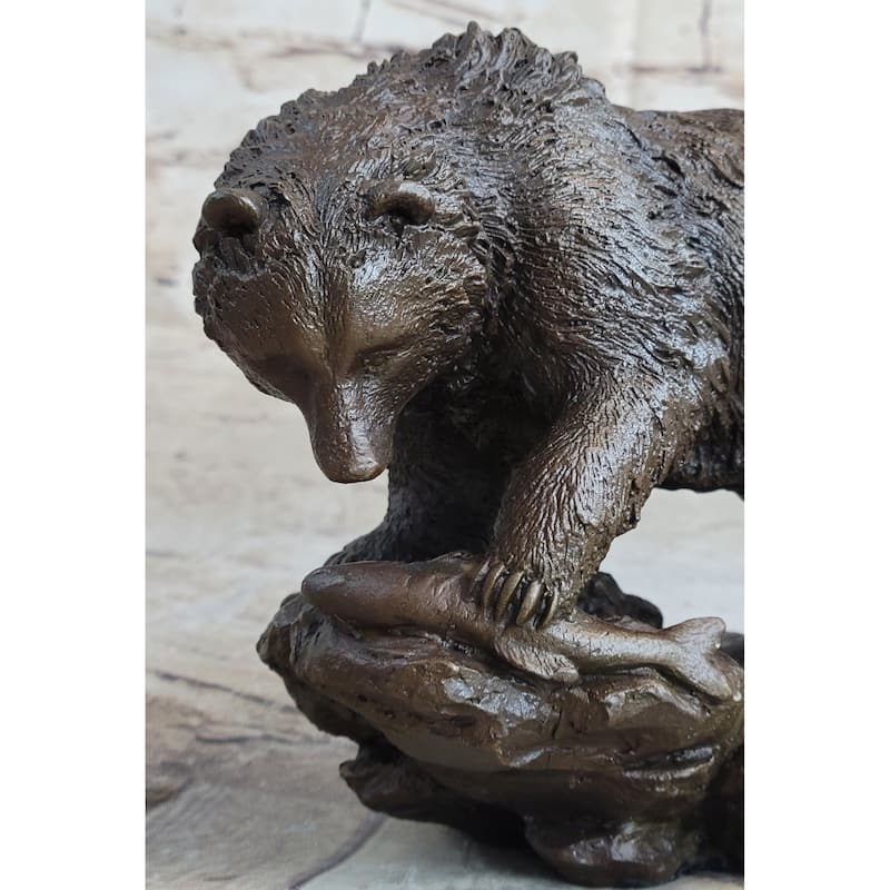 Original Burly Black Bear With His Fish Dinner Bronze Sculpture Statue Figurine