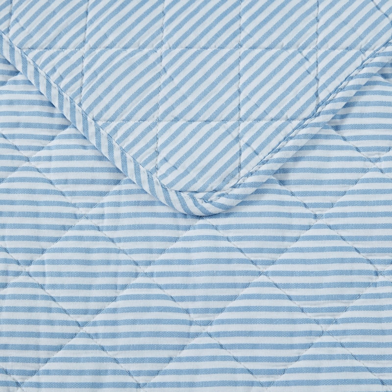 Laura Ashley Oxford Stripe Cotton Reversible Blue Quilt Set