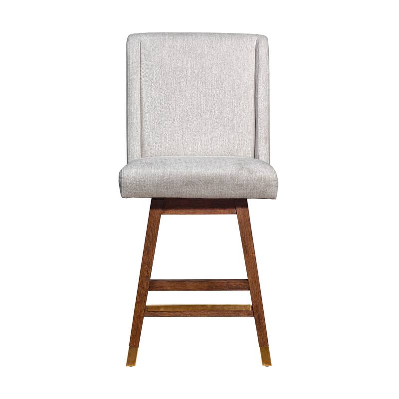 HomeRoots 26" Beige and Brown Fabric and Solid Wood Counter Height Swivel Bar Chair