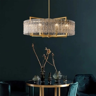 26 in. Gold Modern Drum Crystal Chandelier 6-Light Glam Dimmable Pendant Light Kitchen Island with Frosted Glass for Dining Room