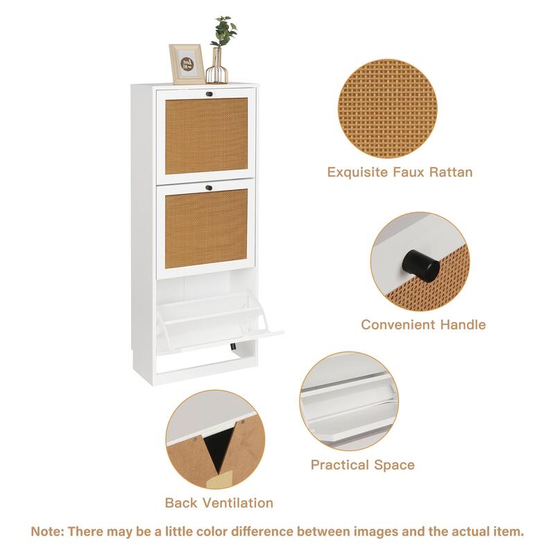 Anmytek 3 Layer Wood Rattan Shoe Cabinet with 3 Flip Drawer Narrow Shoe Storage Organizer