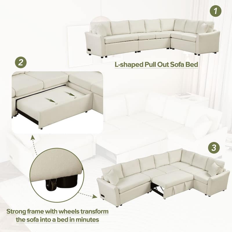 L-shaped Sofa Convertible Sofa Bed, Living Room Spacious Space Pull Out Sofa Sleeper