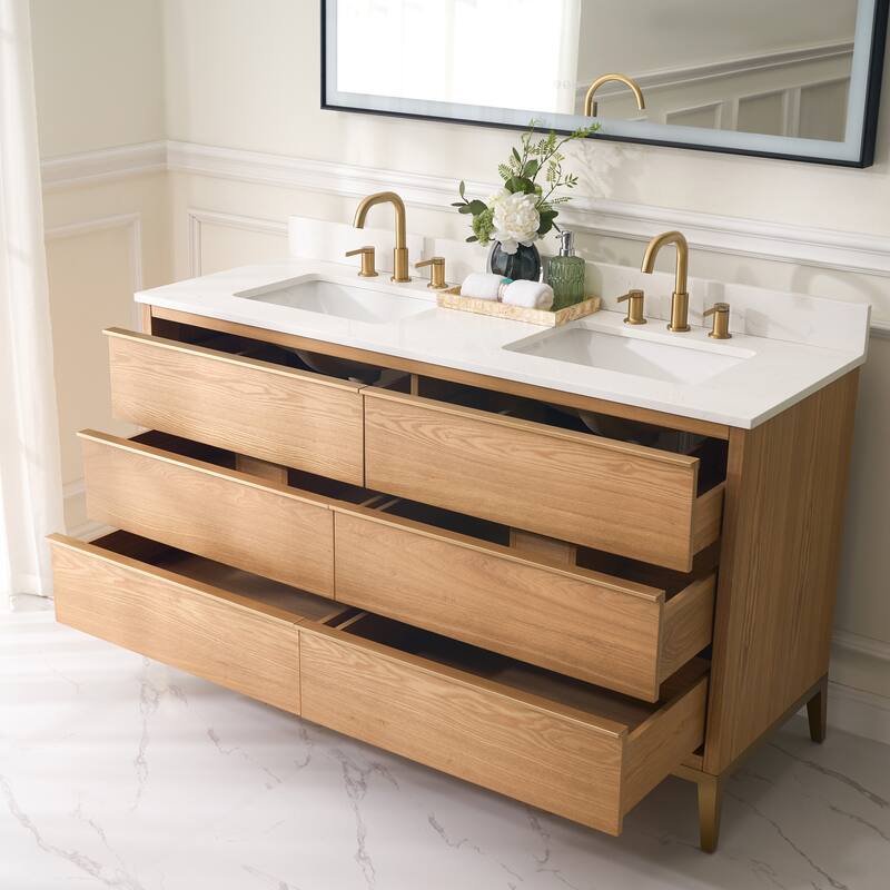 36"/48"/60" W Width Solid Wood Bathroom Vanity with Stain-resistant Carrera White Quartz Top and Sink