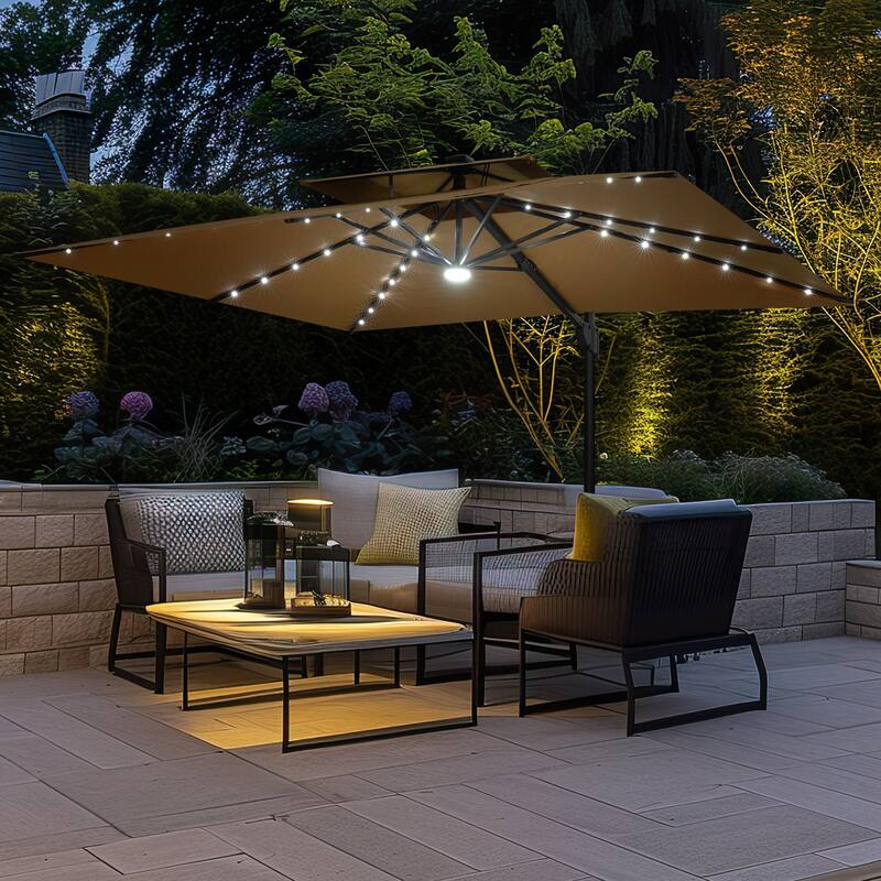 9 x 11 FT Outdoor Double Top LED Lighted Patio Cantilever Umbrella with Base Stand