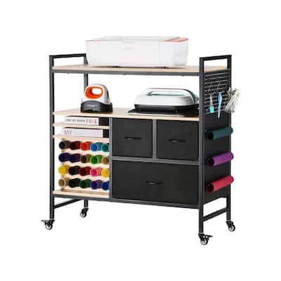Black Rolling Craft Cart Storage Table with Pegboard and Drawers - 37.01 x 15.75 x 38.50 in