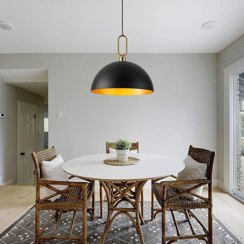 1-Light Industrial Metal Dome Pendant with Golden Ring Accent