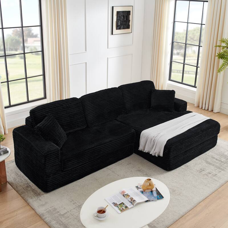 Anmytek Black L-Shaped Modular Sectional Sofa Corduroy Convertible to Bed